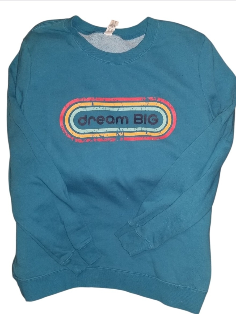 ZYIA Teal Crewneck Sweatshirt with Retro Multicolour 'dream BIG' Graphic Comfy